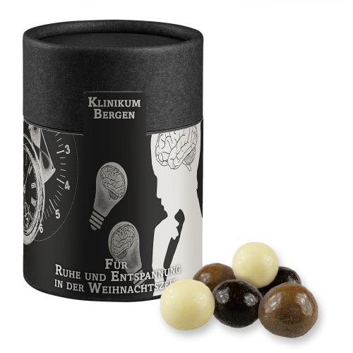 Choco crispy balls, ca. 50g, cardboard can midi black