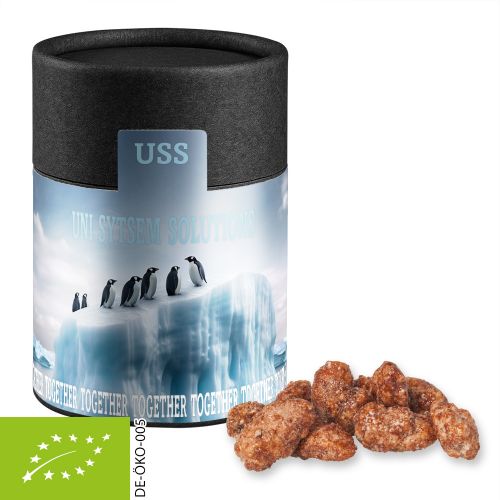 Organic burnt almonds, ca. 80g, biodegradable eco cardboard can midi black with label