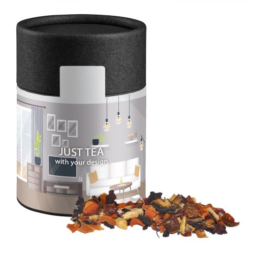 Fireplace tea, ca. 60g, biodegradable eco cardboard can midi black with label