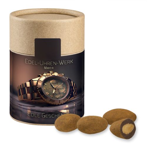 Chocolate almonds with cinnamon, ca. 80g, cardboard can midi