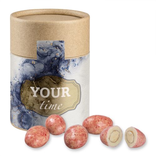 chocolate raspberry almonds, ca. 80g, biodegradable eco cardboard can midi with label