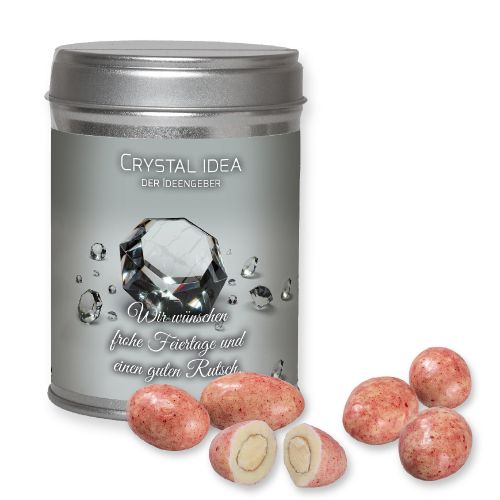 chocolate raspberry almonds, ca. 100g, dual tin with label