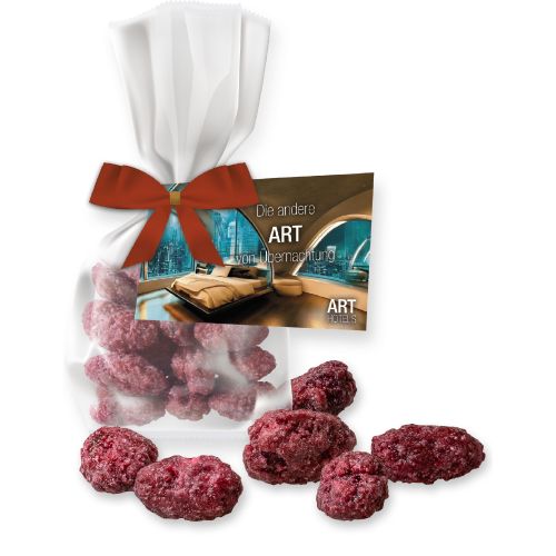 Roasted almonds raspberry (vegan), ca. 30g, express flat bag with bow with advertising card