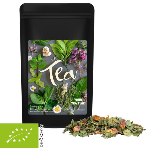 Organic herbal tea happiness, ca. 40g, midi stand up pouch black with label