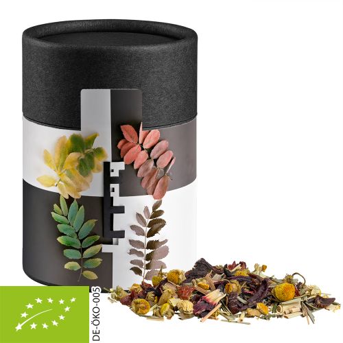 Organic herbal tea four seasons, ca. 25g, cardboard can midi black
