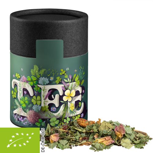 Organic herbal tea happiness, ca. 40g, cardboard can midi black