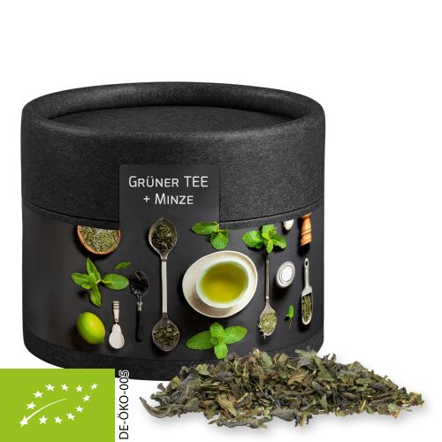 Organic green tea with mint, ca. 10g, cardboard can mini black