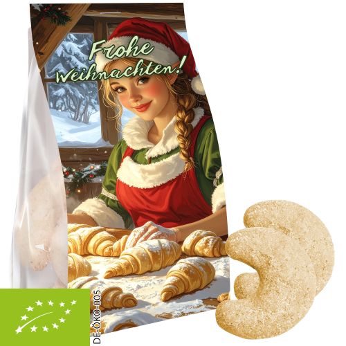 Organic vanilla crescents, 100g, express pouch with promotional flyer