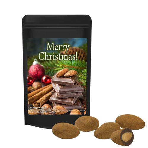 Chocolate almonds with cinnamon, ca. 30g, mini stand up pouch black with label