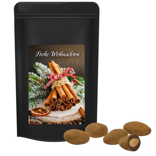 Chocolate almonds with cinnamon, ca. 80g, midi stand up pouch black with label