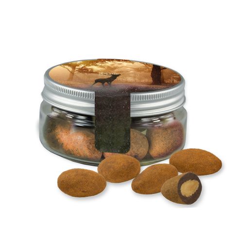 Chocolate almonds with cinnamon, ca. 70g, mini sweet jar with label