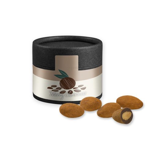 Chocolate almonds with cinnamon, ca. 40g, cardboard can mini black