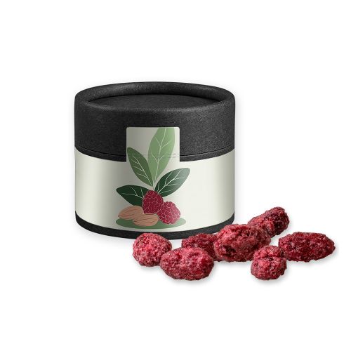Roasted almonds raspberry (vegan), ca. 40g, cardboard can mini black
