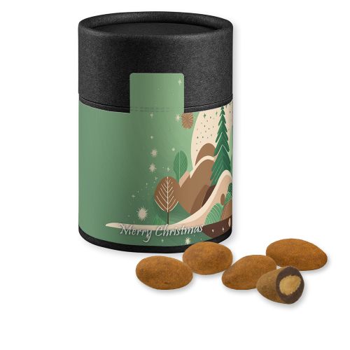 Chocolate almonds with cinnamon, ca. 80g, cardboard can midi black