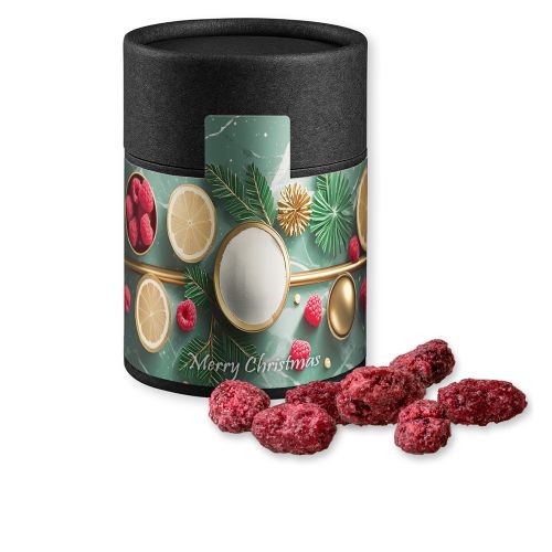 Roasted almonds raspberry (vegan), ca. 80g, cardboard can midi black