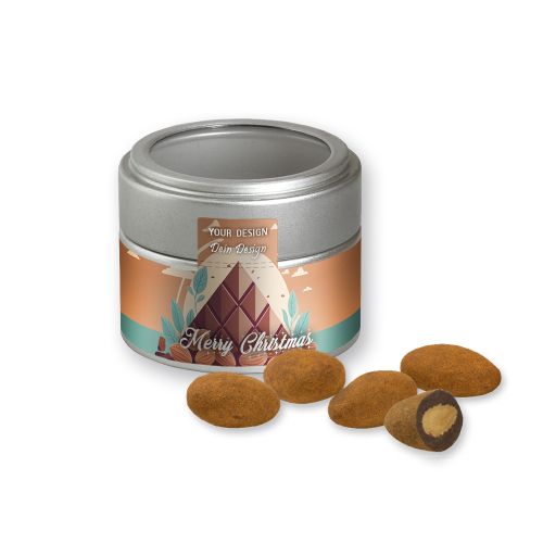 Chocolate almonds with cinnamon, ca. 60g, metal tin mini silver with window