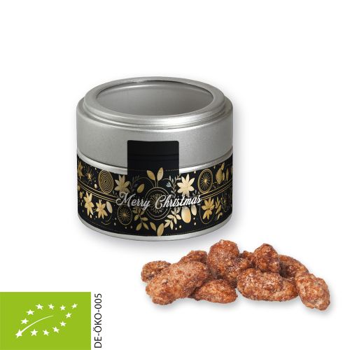 Organic burnt almonds (vegan), ca. 60g, metal tin mini silver with window