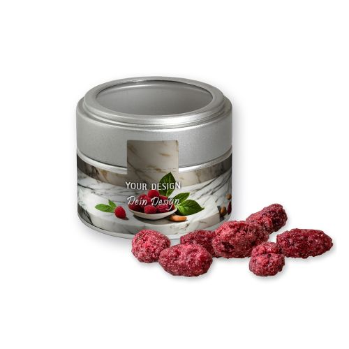 Roasted almonds raspberry (vegan), ca. 60g, metal tin mini silver with window