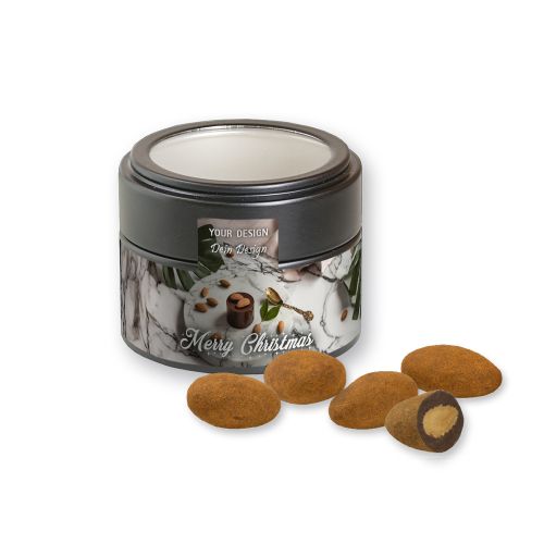 Chocolate almonds with cinnamon, ca. 60g, metal tin mini black with window