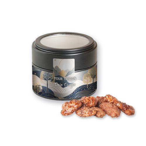 Burnt almonds (vegan), ca. 60g, metal tin mini black with window
