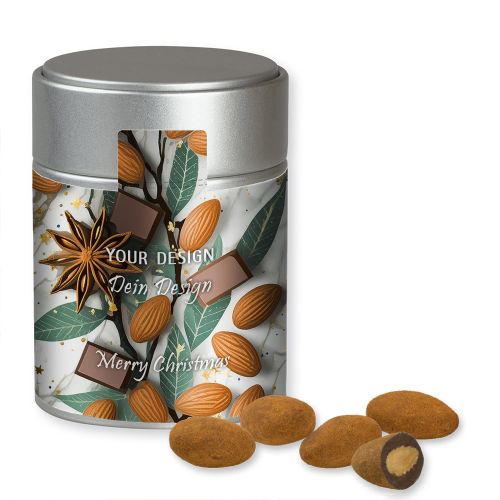 Chocolate almonds with cinnamon, ca. 100g, metal tin midi silver