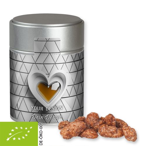 Organic burnt almonds (vegan), ca. 100g, metal tin midi silver