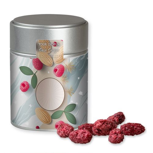 Roasted almonds raspberry (vegan), ca. 100g, metal tin midi silver