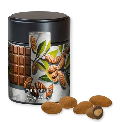 Chocolate almonds with cinnamon, ca. 100g, metal tin midi black