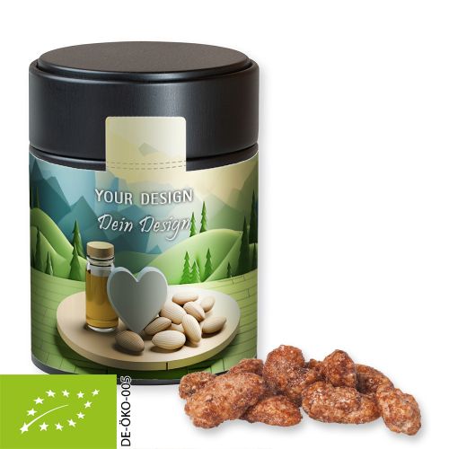 Organic burnt almonds (vegan), ca. 100g, metal tin midi black