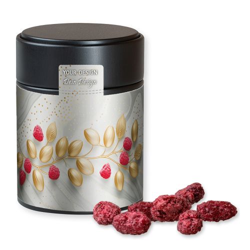 Roasted almonds raspberry (vegan), ca. 100g, metal tin midi black