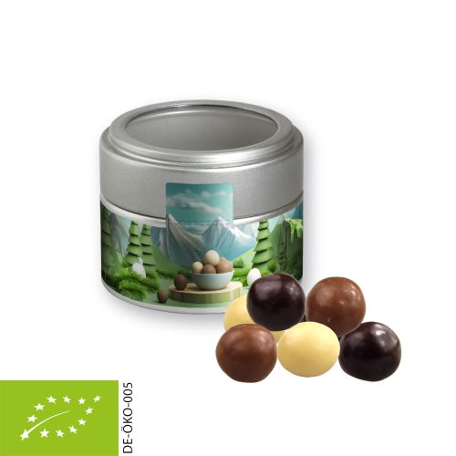 Organic choco crispy balls, ca. 45g, metal tin mini silver with window