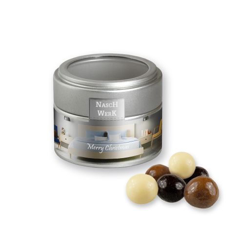 Choco crispy balls, ca. 45g, metal tin mini silver with window
