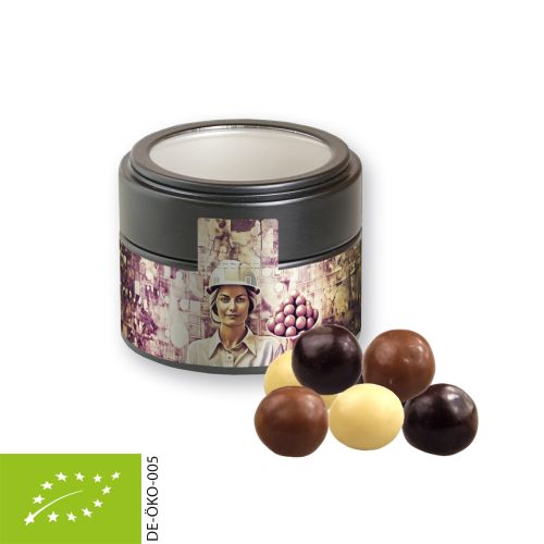 Organic choco crispy balls, ca. 45g, metal tin mini black with window