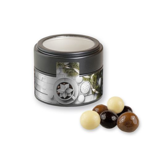 Choco crispy balls, ca. 45g, metal tin mini black with window