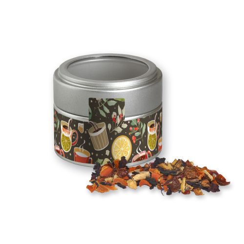Fireplace tea, ca. 30g, metal tin mini silver with window