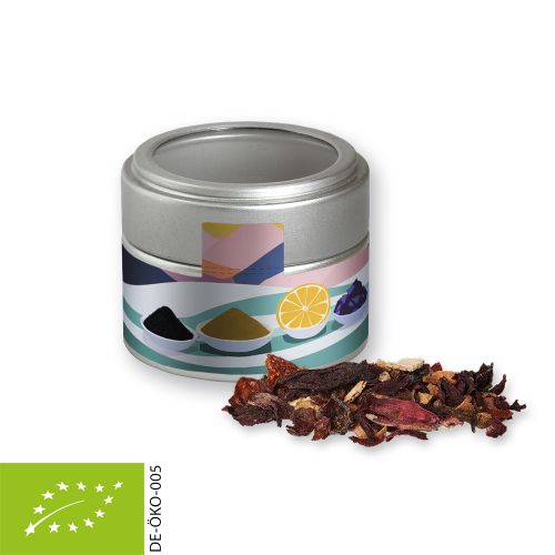 Organic Christmas fruit tea, ca. 30g, metal tin mini silver with window