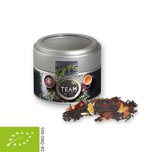 Organic Christmas black tea, ca. 30g, metal tin mini silver with window