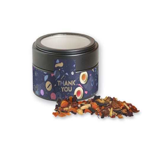 Fireplace tea, ca. 30g, metal tin mini black with window