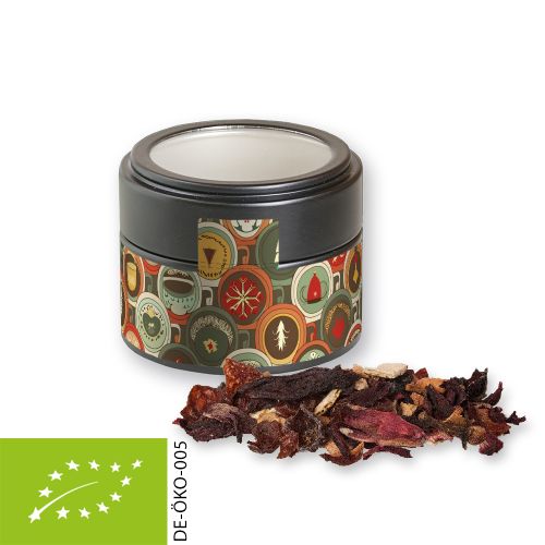 Organic Christmas fruit tea, ca. 30g, metal tin mini black with window