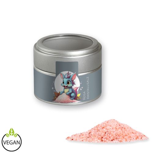 Pink crystal salt, ca. 110g, metal tin mini silver with window