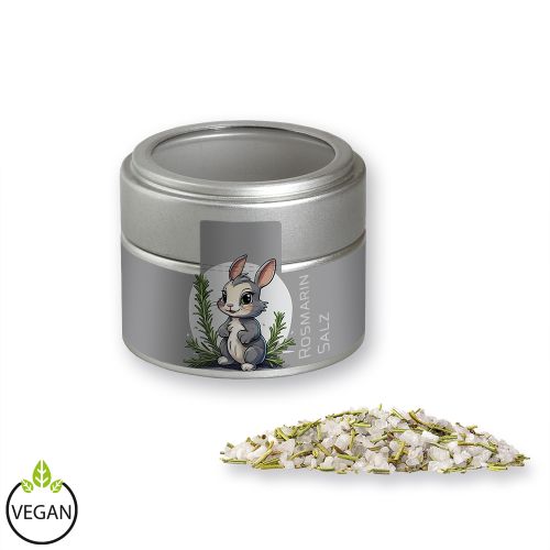 Rosemary salt, ca. 75g, metal tin mini silver with window