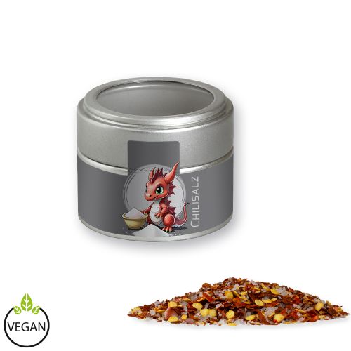 Chili salt, ca. 45g, metal tin mini silver with window