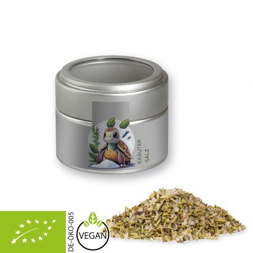 Organic herb salt, ca. 75g, metal tin mini silver with window