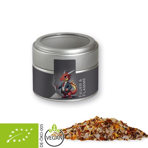 Organic fire and flame spice, ca. 60g, metal tin mini silver with window