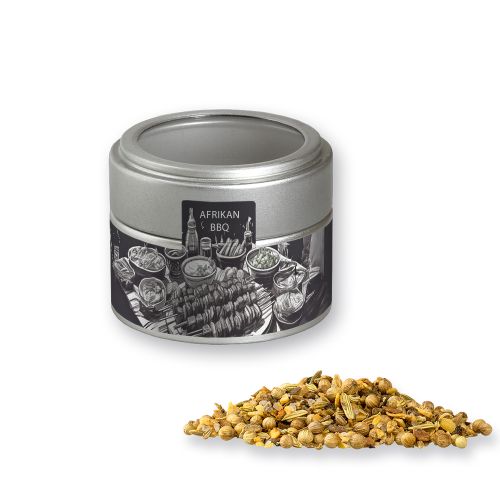 African BBQ, ca. 60g, metal tin mini silver with window