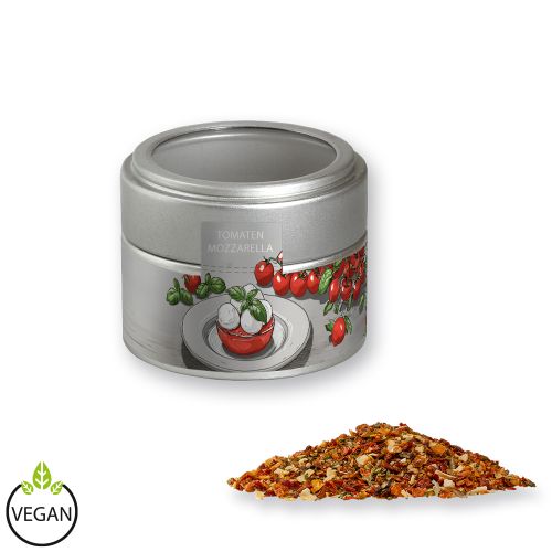 Tomato mozzarella spice, ca. 40g, metal tin mini silver with window