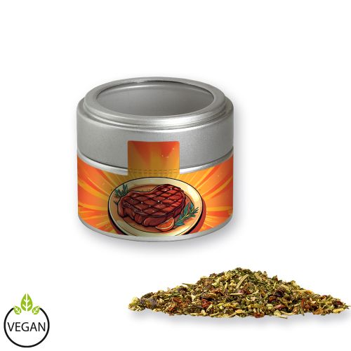 Steak spice, ca. 60g, metal tin mini silver with window