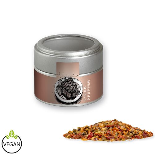 Steak pepper, ca. 60g, metal tin mini silver with window