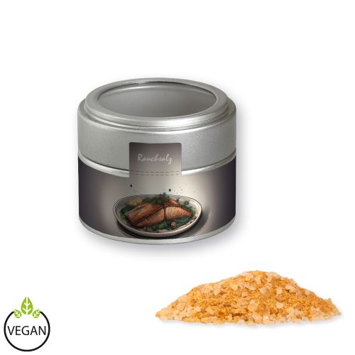 Smoke salt coarse, ca. 110g, metal tin mini silver with window