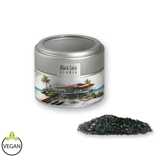 Black lava salt, ca. 110g, metal tin mini silver with window